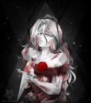  1girl artist_name bare_shoulders blood blood_on_knife closed_mouth combat_knife crying crying_with_eyes_open dagger dress flower greyscale highres holding holding_dagger holding_knife holding_weapon knife long_hair looking_up monochrome overgrown plant princess_(slay_the_princess) red_flower scratches simple_background slay_the_princess solo streaming_tears tears the_thorn_(slay_the_princess) thorns vampisabells vines weapon 