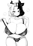  1girl absurdres animal_ears areola_slip blush bra bra_pull clothes_pull collarbone commentary_request cow_ears cow_girl cow_horns cowboy_shot curvy greyscale highres himajin_noizu horns looking_at_viewer monochrome multicolored_hair navel panties parted_lips plump pulled_by_self short_hair simple_background solo split-color_hair sweat touhou underwear ushizaki_urumi 