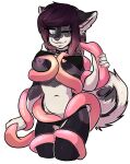  2015 alpha_channel anthro areola bikini biped black_bikini black_clothing black_collar black_swimwear breasts clothed clothing collar curled_tail digital_media_(artwork) eyelashes female fur gradient_hair green_eyes grey_body grey_fur hair mammal navel nipples one_eye_closed outline pink_areola pink_nipples pink_tentacles portrait shaded simple_background solo spiked_collar spikes standing swimwear tentacle_in_clothing tentacles three-quarter_portrait transparent_background white_body white_fur white_outline zyira 