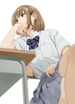  1girl blue_bow blurry bob_cut bow brown_eyes brown_hair chair choppy_bangs cropped_legs crossed_legs depth_of_field desk grey_skirt hand_on_hand mattaku_mousuke medium_hair original pleated_skirt school_chair school_desk school_uniform shirt sidelocks sitting sitting_sideways skirt white_background white_shirt 