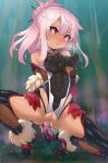  1girl absurdres aphrodisiac bangs bare_shoulders black_footwear black_gloves black_leotard blush boots breasts chloe_von_einzbern cosplay covered_navel elbow_gloves fate/kaleid_liner_prisma_illya fate_(series) fur_trim gloves hair_between_eyes hair_bun haizuru highleg highleg_leotard highres leotard long_hair mizuki_yukikaze mizuki_yukikaze_(cosplay) orange_eyes pink_hair sidelocks single_hair_bun small_breasts solo spread_legs taimanin_(series) taimanin_suit taimanin_yukikaze tentacle_sex tentacles thigh_boots thighhighs vaginal 