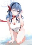  1girl absurdres ako_(blue_archive) bare_arms bare_shoulders blue_archive blue_eyes blue_hair blue_hairband blush breasts cleavage closed_mouth collar collarbone covered_navel hairband halo hand_in_own_hair hand_up highres large_breasts leash looking_at_viewer medium_hair one-piece_swimsuit red_collar smile solo swimsuit thighs water white_background white_one-piece_swimsuit yukineko1018 
