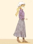  1girl alternate_hairstyle blonde_hair blue_eyes boots brown_footwear closed_mouth from_side full_body grey_skirt hat long_hair long_sleeves maribel_hearn mob_cap nama_udon ponytail profile purple_sweater skirt solo sweater touhou white_headwear 