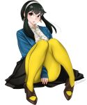  1girl black_hair black_skirt blue_cardigan brown_footwear cardigan dismaiden earrings floral_print hairband highres jewelry on_ground pantyhose red_eyes skirt solo spy_x_family white_background white_hairband yellow_pantyhose yor_briar 