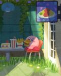  blue_eyes blush_stickers cake chair cup disposable_cup eating food grass highres kirby kirby_(series) kirby_and_the_forgotten_land lamp miclot no_humans omelet omurice plant sign table vines window 