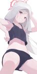  1girl black_shorts black_tank_top blue_archive flat_chest halo highres hiroki_(yyqw7151) long_hair looking_at_viewer mutsuki_(blue_archive) panties_under_shorts pink_eyes red_halo shorts simple_background smile solo tank_top towel towel_on_head white_background 