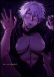  2boys artist_name bara black_jacket blue_eyes blush closed_mouth getou_suguru gojou_satoru highres jacket jujutsu_kaisen large_pectorals lying male_focus multiple_boys muscular muscular_male on_back owwllly partially_unzipped pectorals short_hair solo_focus white_hair yaoi 