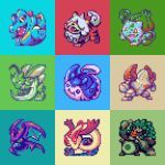  blue_eyes bright_pupils bulbasaur claws crobat drum drumsticks fangs highres hisuian_growlithe holding holding_drumsticks horns instrument mantine milotic mope_dotpict no_humans open_mouth pixel_art plant pokemon pokemon_(creature) red_eyes regirock rillaboom scyther sharp_teeth single_horn smile standing standing_on_one_leg teeth totodile vines white_pupils 