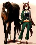  1girl animal_ears asymmetrical_footwear asymmetrical_jacket belt black_choker brown_background brown_footwear brown_hair choker creature_and_personification fantomyu gradient_background green_jacket green_pants grey_shirt highres horse_ears horse_girl horse_tail jacket long_hair long_sleeves looking_at_viewer midriff mismatched_footwear multicolored_hair navel pants red_eyes shirt simple_background sirius_symboli_(racehorse) sirius_symboli_(umamusume) streaked_hair tail two-tone_hair umamusume white_footwear white_hair 