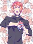  1boy black_shirt blue_gloves candy collar collared_shirt fangs food food-themed_background food_in_mouth gloves hair_between_eyes half_gloves heart heart_lollipop interlocked_fingers ittoki_otoya lollipop looking_at_viewer male_focus meromizawa multicolored_clothes multicolored_gloves open_mouth own_hands_together red_eyes red_gloves red_hair shaped_lollipop shirt short_hair sleeves_past_elbows solo teeth upper_body uta_no_prince-sama white_background white_gloves 