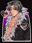  1boy abs absurdres black_background black_coat black_eyes black_hair chrollo_lucilfer coat collarbone cross_tattoo earrings facial_mark facial_tattoo forehead_mark forehead_tattoo fur-trimmed_coat fur_trim glowing glowing_earrings heart highres hunter_x_hunter jewelry kirshakal looking_at_viewer male_focus open_clothes open_coat short_hair simple_background solo tattoo upper_body 