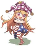  1girl american_flag_dress american_flag_legwear blonde_hair blush clownpiece dress fairy fairy_wings fang full_body hat highres jester_cap long_hair looking_at_viewer open_mouth pantyhose pink_eyes polka_dot polka_dot_headwear purple_headwear rokugou_daisuke short_sleeves signature simple_background smile solo star_(symbol) star_print striped striped_dress striped_pantyhose touhou white_background wings 