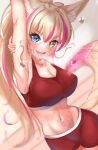  1girl absurdres alikap animal_ears arm_behind_head arm_up armpits blonde_hair blurry blurry_background breasts character_request check_commentary commentary_request exercise eyelashes fingernails flying_sweatdrops hand_on_own_arm heterochromia highres large_breasts long_bangs long_hair looking_at_viewer multicolored_hair navel open_mouth original partial_commentary ponytail ring_fit_adventure smile sports_bra sportswear stomach streaked_hair stretching tail virtual_youtuber 