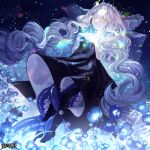  1girl black_dress black_footwear black_pantyhose blue_flower copyright_name crown dairoku_ryouhei dress earrings flower hands_up jewelry kokuzu long_hair monster_girl pale_skin pantyhose quinty_laplad scylla sparkle tentacles very_long_hair white_hair yellow_eyes 