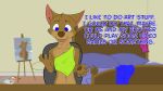  anthro canid canine canis coyote dialogue female hi_res mammal misterpickleman nipple_outline solo talking_to_viewer taylor_knight young 