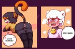  2023 anthro anus balls blush butt clothed clothing dialogue digital_media_(artwork) duo eyewear felid feline fur genitals glasses hair hi_res legwear male male/male mammal partially_clothed pink_anus presenting presenting_anus seductive short_hair simple_background sonofan tail thick_thighs thigh_highs 