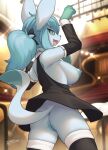 absurd_res anthro anus areola big_breasts biped blue_body blue_sclera breasts butt clothed clothing detailed_background eeveelution female generation_4_pokemon genitals glaceon hi_res nintendo nipples pokemon pokemon_(species) pussy rear_view solo white_eyes zinfyu 