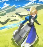  1girl absurdres ahoge armor armored_dress artoria_pendragon_(fate) bird black_corset blonde_hair blue_dress blue_ribbon blue_sky braid braided_bun breastplate clenched_hand closed_eyes cloud corset dress fate/grand_order fate/stay_night fate_(series) faulds field flower gauntlets gold_trim grass hair_bun hair_ribbon highres juliet_sleeves long_sleeves outdoors outstretched_arms parted_lips petticoat pond puffy_sleeves ribbon rock saber scratches sky solo standing sunlight water white_bird white_flower zuraa_(naunau_seijin) 