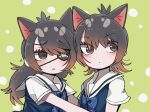  2girls animal_ears australian_devil_(kemono_friends) black_eyes bow bowtie cat_ears cat_girl extra_ears eyepatch green_background highres kanmoku-san kemono_friends long_hair multicolored_hair multiple_girls red_hair sailor_collar school_uniform short_hair simple_background tasmanian_devil_(kemono_friends) two-tone_hair 