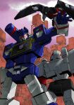  absurdres back-to-back cloud decepticon head_tilt highres laserbeak looking_at_viewer looking_down mecha megatron no_humans non-humanoid_robot open_hand purple_sky robot robot_animal science_fiction shoulder_cannon sky soundwave_(transformers) transformers tsushima_naoto 