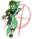  anarchy_symbol black_clothing bottomwear clothing ear_piercing ear_ring female foot_wraps fur green_body green_eyes green_fur green_hair hair hyena mammal piercing punk ring_piercing shorts tabbiewolf wraps 