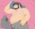  1boy armpit_hair armpit_hair_peek bara beard belly big_belly birch_(pokemon) blush brown_hair bulge couch facial_hair fat fat_man from_above highres male_focus mature_male navel nipples odmk_(jinnta4014) on_couch pectorals pokemon pokemon_(game) pokemon_rse poochyena short_hair sleeping stomach stubble thick_eyebrows topless_male 