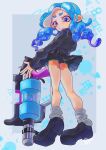  .96_gal_(splatoon) 1girl absurdres bike_shorts black_footwear black_sleeves black_sweater blue_background blue_border blue_eyes blue_hair border commentary eyelashes from_below gun highres holding holding_gun holding_weapon long_hair long_sleeves octoling octoling_girl payayo884 pleated_skirt shorts shorts_under_skirt skirt solo splatoon_(series) sweater symbol-only_commentary weapon 