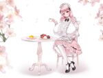  1girl black_footwear blurry blurry_foreground blush breasts cake chair crossed_legs cup dadamyu dress flower food frilled_dress frilled_headwear frills gigantic_breasts highres holding holding_cup long_hair pink_dress pink_eyes pink_hair plate simple_background smile table tea teacup two-tone_dress white_background white_dress 