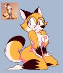  anthro barkyeet black_eyes blue_background breasts brown_body brown_fur canid canine convenient_censorship dipstick_tail eyelashes eyewear female fox fur glasses hi_res kevsomeone kneeling mammal markings orange_body orange_fur question_mark rey_(animatedmau) round_glasses simple_background solo speech_bubble tail tail_markings thick_thighs white_body white_fur wide_hips 