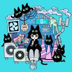  1girl :o air_conditioner animal_ears aqua_background arrow_(symbol) black_cat black_hair black_hoodie blue_background blue_footwear blunt_bangs blunt_ends blush_stickers bright_pupils cable cat cat_ears cat_girl cat_tail chimney commentary_request cup damaged diagonal_stripes dot_nose drinking_glass duct_tape english_text exit_sign eyeball fish_bone flower_pot garouma green_eyes grey_pants hands_up highres hood hood_down hoodie industrial_pipe light_bulb open_mouth original pants pants_rolled_up plant potted_plant shoes short_hair signature sitting smoke sneakers solo striped tail traffic_cone translation_request two-tone_background white_pupils wine_glass 