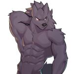  canid canine canis hi_res i_think_i_like_you jrjresq leon_(i_think_i_like_you) male mammal muscular muscular_male red_eyes shirtless simple_background solo white_background wolf 