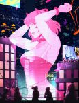  4girls 6+others arms_up bracelet breasts city cyberpunk_(series) highres hologram jewelry koyorin looking_at_viewer medium_breasts multiple_girls multiple_others original short_hair silhouette sleeveless solo_focus 