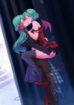  2girls aqua_hair backstage bang_dream! bare_shoulders black_jacket black_thighhighs blush brown_pants closed_eyes demon_costume dress fake_horns fake_tail fake_wings french_kiss green_eyes hand_on_another&#039;s_ass high_heels horns incest jacket kiss long_hair medium_hair multiple_girls pants red_dress red_footwear rin.hayashiki rocker-chic shoes siblings sisters tail thighhighs twincest twins unworn_shoes wings yuri 