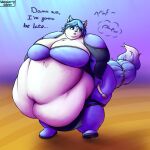  2022 anthro belly big_belly big_butt blue_body blue_clothing blue_eyes blue_fur blue_hair boots bottomwear breasts butt canid canine clothing dialogue female footwear fox fur hair hi_res huge_butt hyper hyper_belly hyper_butt krystal male mammal morbidly_obese morbidly_obese_female nintendo obese obese_female overweight overweight_female pants solo star_fox suit wenisberry wide_hips 