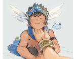  1gmizz 2boys animal_print bishounen blue_background bracelet brionac_(crave_saga) cat_print character_request closed_eyes commentary_request crave_saga disembodied_limb facing_viewer hands_on_another&#039;s_face headband jewelry light_smile male_focus multiple_boys nipples topless_male white_wings wings 