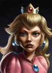  blonde_hair clothing crown dress female hair headgear hi_res human human_only jewelry mammal mario_bros nintendo not_furry nuno_benito pink_clothing pink_dress princess_peach realistic signature simple_background solo 