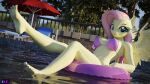  3d_(artwork) 5_toes absurd_res anthro bikini clothing digital_media_(artwork) equid equine feet female fluttershy_(mlp) friendship_is_magic hasbro hi_res humanoid_feet looking_at_viewer mammal my_little_pony partially_submerged pegasus plantigrade shadowboltsfm solo swim_ring swimming_pool swimwear toes wings 