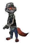  anthro armor canid canine clothing disney fox gun headgear helmet humantrashmachine looking_at_viewer male mammal mask nick_wilde ranged_weapon simple_background solo uniform weapon white_background zootopia 
