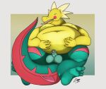  anthro balls belly belly_overhang big_balls big_belly big_moobs deep_navel digital_media_(artwork) dinosaur dracozolt erection eyes_closed feet foreskin fossil_pokemon generation_8_pokemon genitals green_body holding_belly humanoid_genitalia krowbutt lifting_belly male moobs navel nintendo overweight overweight_anthro overweight_male penis pokemon pokemon_(species) pokemorph reptile scalie simple_background smile solo tail thick_tail thick_thighs tongue tongue_out yellow_body 