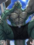  abs anthro biceps bodily_fluids hi_res lizard lizardman male marvel masterelrest muscular muscular_anthro muscular_male pecs reptile scalie solo spikes spikes_(anatomy) sweat the_lizard_(marvel) yellow_eyes 