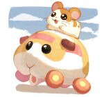  :3 animal_focus black_eyes blue_sky brown_eyes cloud commentary_request crossover full_body guinea_pig hamster hamtaro hamtaro_(series) molcar motor_vehicle no_humans open_mouth outdoors potato_(pui_pui_molcar) pui_pui_molcar riding riding_animal sky smile tokumaro 