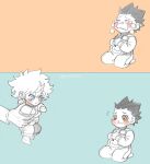  2boys blue_background blue_eyes brown_eyes crying gon_freecss green_hair hands_on_own_chest highres holding holding_baby hood hoodie hunter_x_hunter killua_zoldyck looking_at_another male_child male_focus multiple_boys noyaspjs pocket red_background short_hair signature simple_background sitting toddler white_hair 