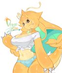  anthro big_breasts black_eyes bottomwear breasts cleavage clothed clothing dragon dragonite female generation_1_pokemon hair hi_res hotpants long_hair looking_at_viewer microshorts minishorts mouth_closed navel nintendo orange_hair pokemon pokemon_(species) shorts smile solo thick_thighs togetoge 