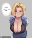  1girl android_18 arms_behind_back artist_name black_shirt blonde_hair blue_eyes breasts cleavage collared_vest denim denim_skirt denim_vest dragon_ball dragon_ball_z english_text highres large_breasts leaning_forward looking_to_the_side open_clothes open_vest paranoiddroid5 patreon_logo shirt short_hair simple_background skirt solo vest web_address 