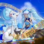 1girl :d aqua_hair arm_support bracelet closed_eyes cloud colored_eyelashes commentary_request day eyelashes grey_headwear hand_up hatsune_miku highres jewelry knees long_hair mifuyu_(tfzu7745) music musical_note open_mouth outdoors pokemon pokemon_(creature) primarina project_voltage singing sitting sky smile staff_(music) swimsuit tan tanlines twintails visor_cap vocaloid water water_miku_(project_voltage) zipper_pull_tab 