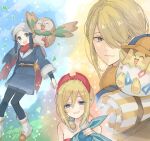  1boy 2girls akari_(pokemon) backpack bag bare_shoulders bird black_pantyhose blonde_hair blue_eyes blue_hair blue_jacket blue_skirt blue_sky brown_eyes dark_blue_hair fur_collar ginkgo_guild_uniform glaceon hair_over_one_eye hairband hani_(udauda) irida_(pokemon) jacket loose_socks miniskirt multiple_girls owl pantyhose petting pokemon pokemon_(creature) pokemon_(game) pokemon_legends:_arceus ponytail pouch red_hairband red_scarf rowlet scarf skirt sky socks teeth togepi upper_teeth_only volo_(pokemon) white_socks yellow_footwear 