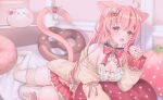  1girl animal_ears breasts cardigan cat_ears cat_girl cat_tail commission doughnut doughnut_pillow food highres indie_virtual_youtuber koito_amuno large_breasts long_hair long_sleeves looking_at_viewer miniskirt multicolored_hair off-shoulder_shirt off_shoulder open_cardigan open_clothes pillow pink_eyes pink_hair pink_skirt pleated_skirt pretzel shirt skeb_commission skirt strawberry_pillow streaked_hair suzuho_hotaru tail thighhighs virtual_youtuber white_shirt white_thighhighs zettai_ryouiki 