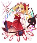  1girl ascot blonde_hair blush collared_shirt crystal danmaku fang flandre_scarlet frilled_shirt_collar frilled_sleeves frills full_body hair_between_eyes hat laevatein_(touhou) long_hair mob_cap one_side_up open_mouth red_eyes red_footwear red_skirt red_vest ruhika shirt shoes short_sleeves simple_background skirt smile socks solo touhou vest white_background white_headwear white_shirt white_socks wings yellow_ascot 