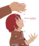  1girl 1other brown_eyes brown_jacket commentary dated english_commentary from_side hanpetos happy_birthday jacket looking_up nifa_(shingeki_no_kyojin) petals profile red_hair shingeki_no_kyojin short_hair survey_corps_(emblem) 