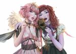  2girls angel_wings black_mask black_nails blue_eyes chariclo_arganthone_cupid colored_skin dress feathered_wings holding holding_mask jewelry long_hair looking_at_viewer mask monster_high multiple_girls operetta_(monster_high) pink_dress pink_gemstone pink_hair pink_skin puffy_short_sleeves puffy_sleeves purple_skin red_hair red_lips ring short_hair short_sleeves toshiasan two_side_up wavy_hair white_wings wings 